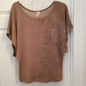 Dolled Up by FANG Tan with Brown Leopard & Bling Sweater Top w/ Flowy Sleeves